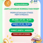 Poster jam layanan konsultasi riset Perpustakaan STIKes Pertamedika yang menampilkan jadwal layanan pada hari Selasa dan Kamis.