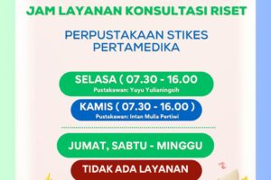 Poster jam layanan konsultasi riset Perpustakaan STIKes Pertamedika yang menampilkan jadwal layanan pada hari Selasa dan Kamis.